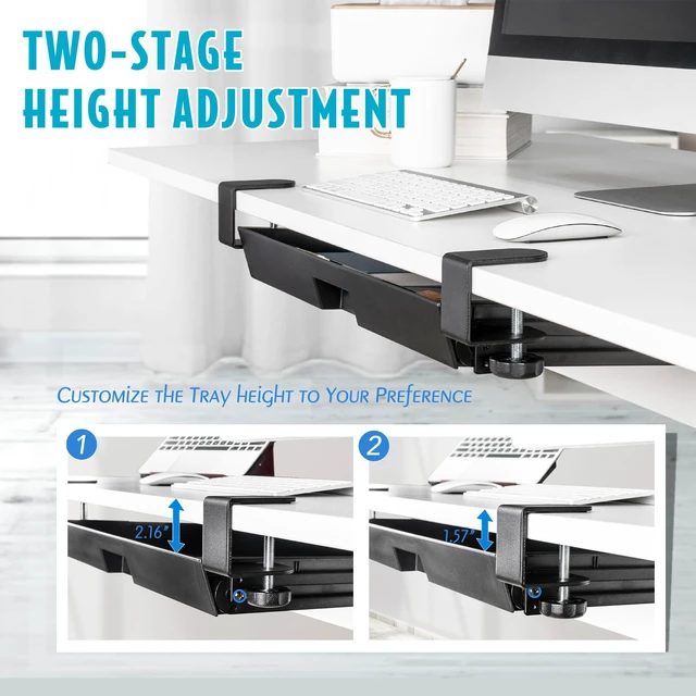 Alt view image 4 of 7 - Under Desk Slide-Out Storage Drawer, Large 20" x 11.8" Clamp-On Pull-Out Organizer with Adjustable Height, Space-Saving Tray for Office Supplies and Accessories, TAA-Compliant