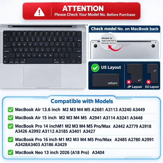 Alt view image 2 of 7 - 2Pack Keyboard Cover for MacBook Air 13 15/MacBook Pro 14 16/MacBook Neo 13 | Stylish Colorful+TPU, Non-interference for Touch ID/Lock Key, Dust-proof, Precision-Molded, Washable & Reusable, US Layout