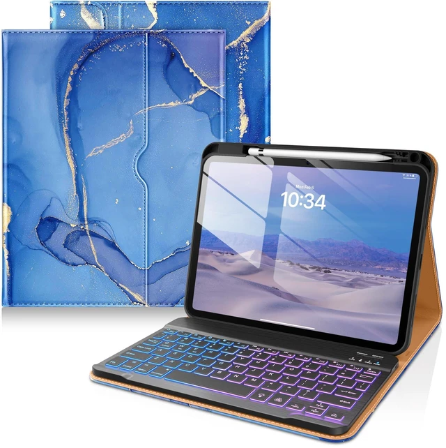 Main image of for iPad (A16) 11th / 10th Gen Case with Keyboard, Sea Marble | Premium Leather Cover with Pencil Holder & Pocket, 7 Colors Backlit Wireless Detachable Keyboard
