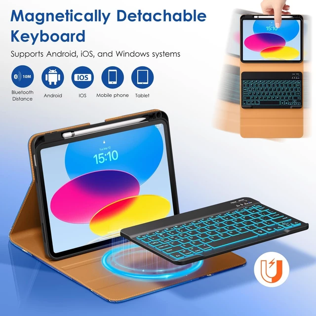 Alt view image 4 of 7 - for iPad (A16) 11th / 10th Gen Case with Keyboard, Sea Marble | Premium Leather Cover with Pencil Holder & Pocket, 7 Colors Backlit Wireless Detachable Keyboard