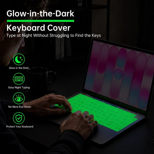 Alt view image 3 of 7 - Glow in The Dark Keyboard Cover for MacBook Neo 13 Inch A18 Pro 2026 | Macbook Neo Silicone Anti-Spill Dust Proof Skin, Luminous Keyboard Skin for Easy Night Typing Protector Accessories, White