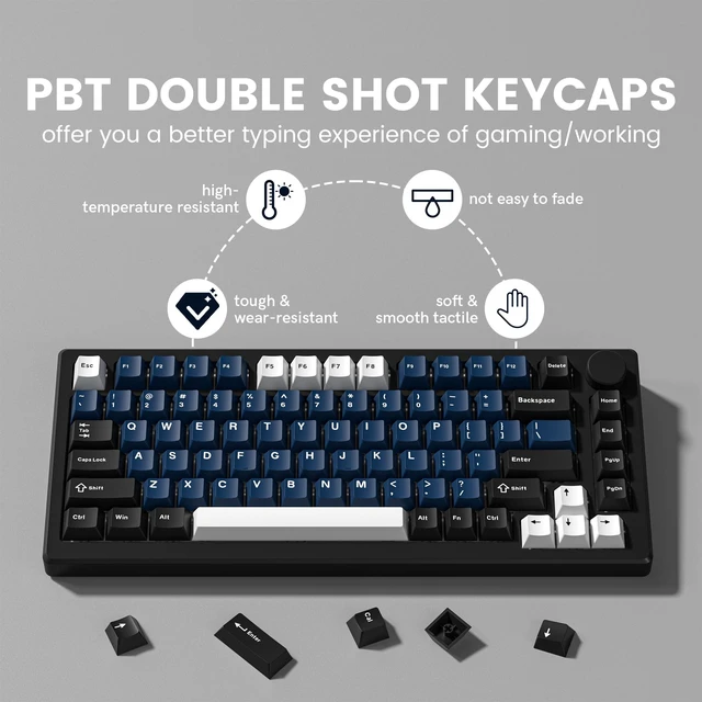 Alt view image 3 of 7 - Double Shot PBT keycaps Set, Cherry Profile Keyboard Keycaps | 138-keys retro key caps full size,Custom keycaps for 60% 65% 75% 100% Cherry-MX switch Mechanical KeyboardWhite/Black/Blue)