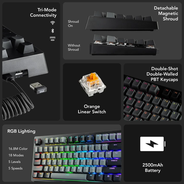 Alt view image 3 of 7 - Phantom+ Elite TKL 87 RGB Mechanical Gaming Keyboard | Wireless Bluetooth 5.0 2.4GHz USB C Wired | Hot Swappable 5 Pin | Double Shot PBT Keycaps | Creamy Wraith Orange Tactile Switch, Black