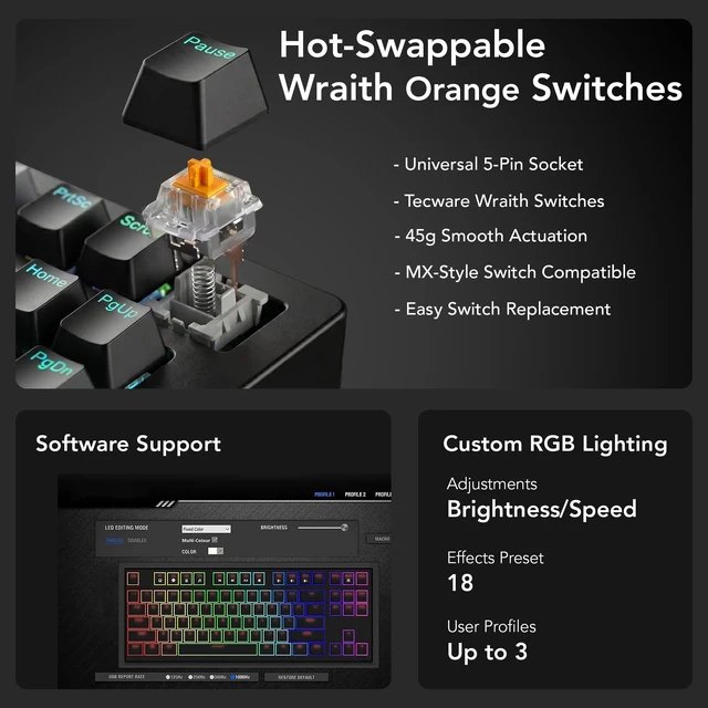 Alt view image 5 of 7 - Phantom+ Elite TKL 87 RGB Mechanical Gaming Keyboard | Wireless Bluetooth 5.0 2.4GHz USB C Wired | Hot Swappable 5 Pin | Double Shot PBT Keycaps | Creamy Wraith Orange Tactile Switch, Black