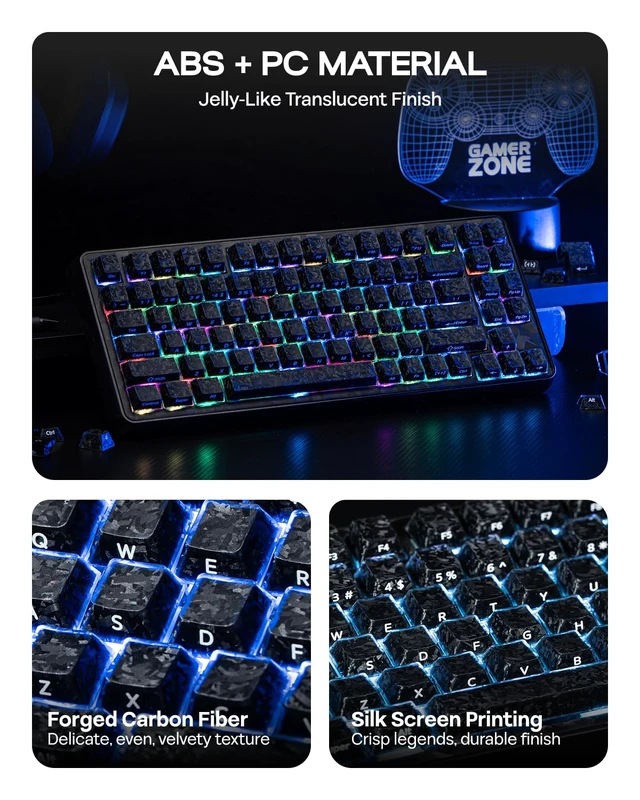 Alt view image 6 of 7 - Frost Jelly Keycaps Set, 126 Keys Forged Carbon Fiber Keycaps | Cherry Profile, ABS+PC, MX-Style Compatible for 61/68/84/87/98/100/104/108 ANSI Layout Mechanical Gaming Keyboards (Black)