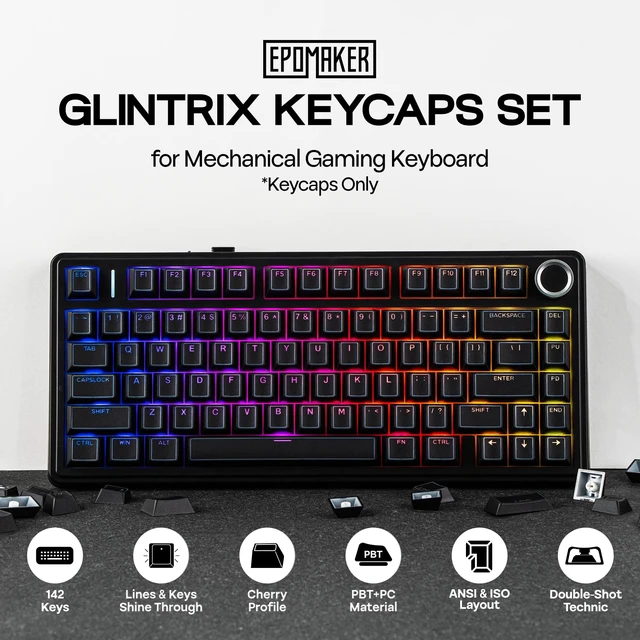 Alt view image 2 of 7 - Glintrix PBT Shine Through Keycaps, Arris & Keys Backlit, Double Shot, Cherry Profile, 60/75/96/Full Size, Custom Keyboard Keycaps Set for Mechanical Gaming Keyboard (Black)