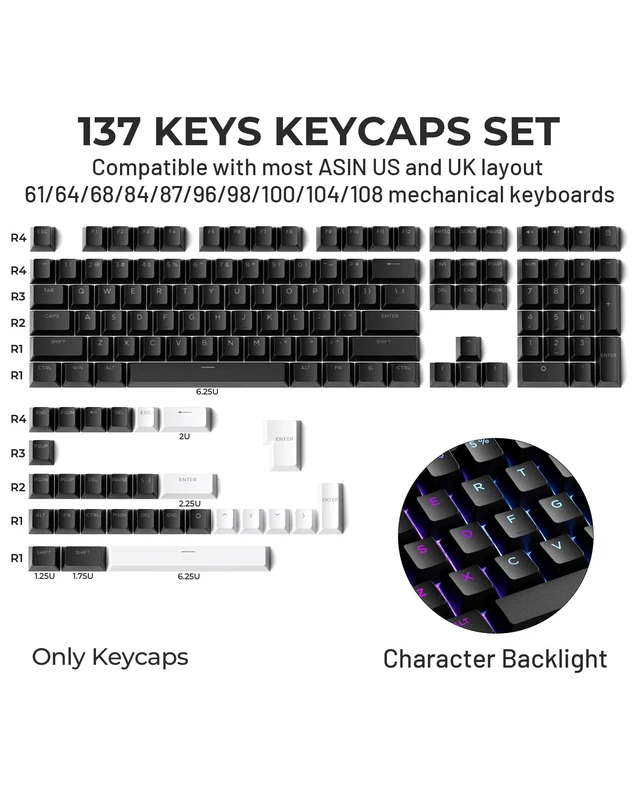 Alt view image 3 of 6 - Doubleshot PBT Keycaps 60 75 100 Percent - Shine Through Keycaps, for Mechanical Keyboards, Full 137 Key Set, OEM Profile, Backlit - Black