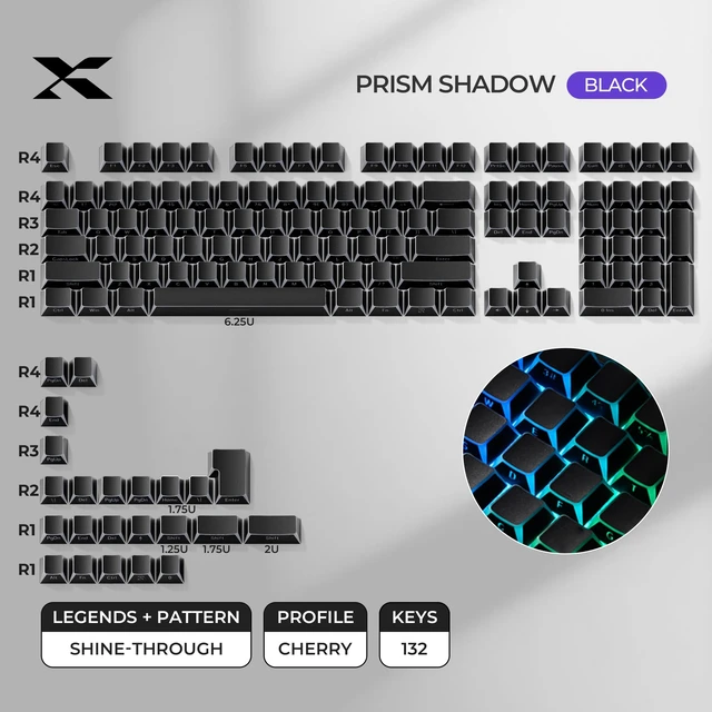 Alt view image 5 of 7 - XVX Black PBT Keyboard Keycaps, Prism Shine Through Keycap Set | Doubleshot Cherry Profile Key cap, 132-key Side Printed Translucent Keycaps fit for Mechanical Keyboards with MX Switches