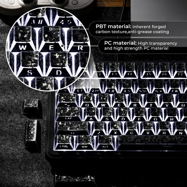 Alt view image 5 of 7 - XVX Black Shine Through Keycaps, PBT Keyboard Keycaps Cherry Profile | Forged Carbon Texture, Side Printed Keycap Sets Suitable for 60% 65% 75% 80% 100% Mechanical Keyboard