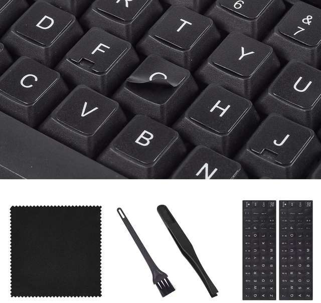 Main image of 2PCS English Keyboard Stickers with Tweezer, Universal Replacement English Keyboard Letters Black Background White Lettering for Laptops Notebooks PC Computer Desktop, Keyboard Alphabet Sticker