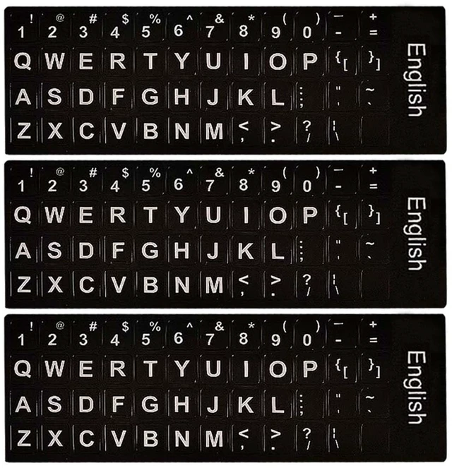 Main image of Replacement English Keyboard Letter Stickers, Universal English Keyboard Stickers with Black Background and White Lettering for PC Computer Laptop Desktop(3PCS,English)