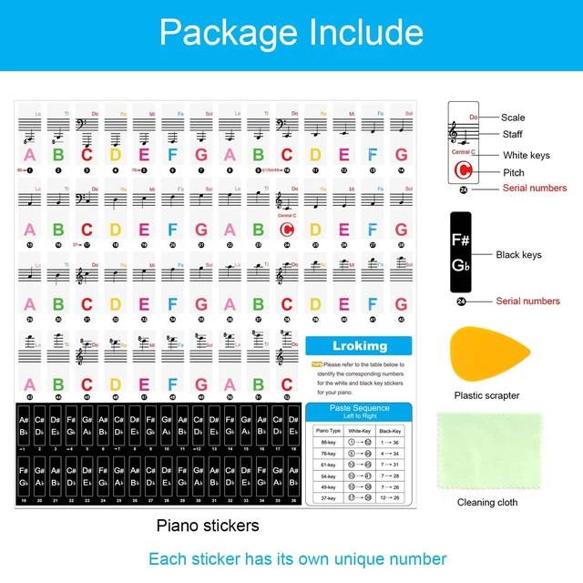 Alt view image 2 of 6 - 1 Pack Piano Keyboard Stickers for 88/76/61/54/49 Keys, Colorful and Removable Piano Stickers for Beginners, Keyboard Letters Labels, Eye-catching Notes