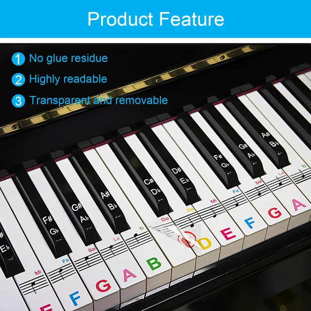 Alt view image 3 of 6 - 1 Pack Piano Keyboard Stickers for 88/76/61/54/49 Keys, Colorful and Removable Piano Stickers for Beginners, Keyboard Letters Labels, Eye-catching Notes