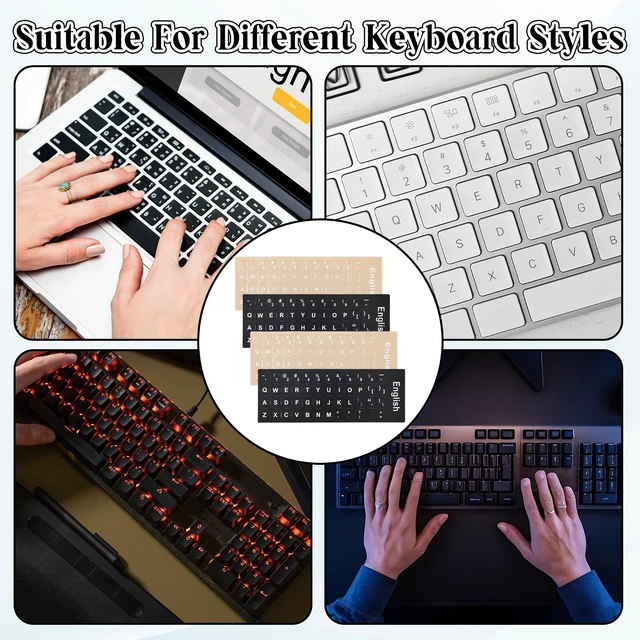 Alt view image 7 of 7 - English Keyboard Stickers 4 Pcs Universal Keyboard Letter Stickers Replacement Laptop Keycap Sticker Alphabet Sticker for Computer Laptop Desktop (2 Black + 2 Clear)