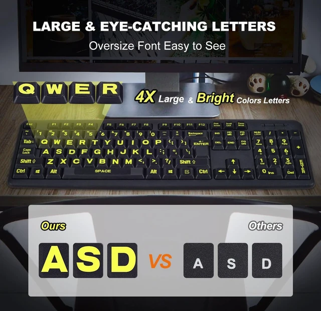 Alt view image 2 of 7 - Universal English Large Lettering Keyboard Stickers for PC Computer Laptop Desktop Notebook Keyboards,Bright Yellow Lettering Black Background Replacement Keyboard Stickers