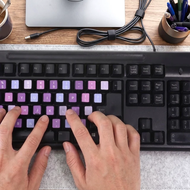Alt view image 7 of 7 - English Keyboard Stickers Universal Purple Background with White Lettering Keyboard Letter Stickers with Tweezer Replacement for Computer Laptop Notebook Desktop