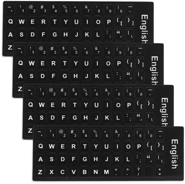 Main image of Universal Keyboard Letter Stickers, 4 Pcs English Laptop Keyboard Stickers | Replacement Keyboard Stickers for Keys with Black Background and White Lettering for Laptops Desktop Computers