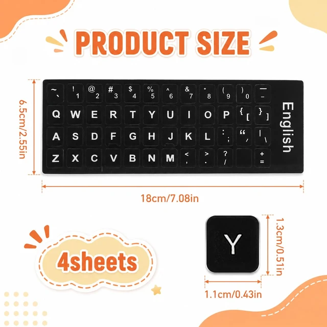 Alt view image 2 of 7 - Universal Keyboard Letter Stickers, 4 Pcs English Laptop Keyboard Stickers | Replacement Keyboard Stickers for Keys with Black Background and White Lettering for Laptops Desktop Computers