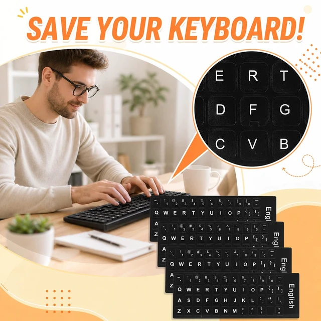 Alt view image 4 of 7 - Universal Keyboard Letter Stickers, 4 Pcs English Laptop Keyboard Stickers | Replacement Keyboard Stickers for Keys with Black Background and White Lettering for Laptops Desktop Computers