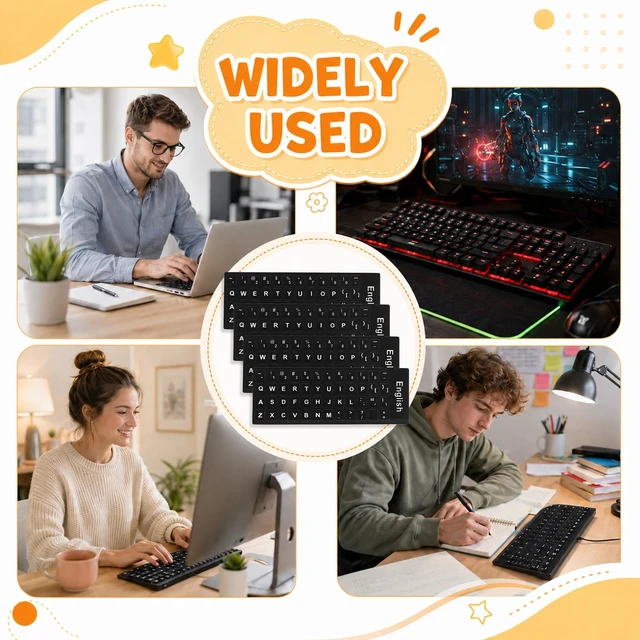 Alt view image 7 of 7 - Universal Keyboard Letter Stickers, 4 Pcs English Laptop Keyboard Stickers | Replacement Keyboard Stickers for Keys with Black Background and White Lettering for Laptops Desktop Computers