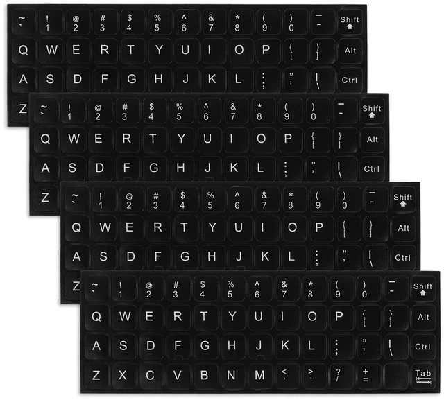Main image of English Keyboard Stickers, 4 Pcs Universal Laptop Keyboard Stickers | Keyboard Letter Replacement Stickers Matte Black Background and White Lettering Stickers for PC Computer Laptop Desktop
