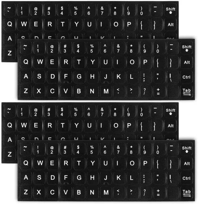 Main image of 4Pcs Universal English Keyboard Letter Stickers, Replacement Keyboard Letters Sticker, Black Background White Lettering for PC Laptop Desktop Computer