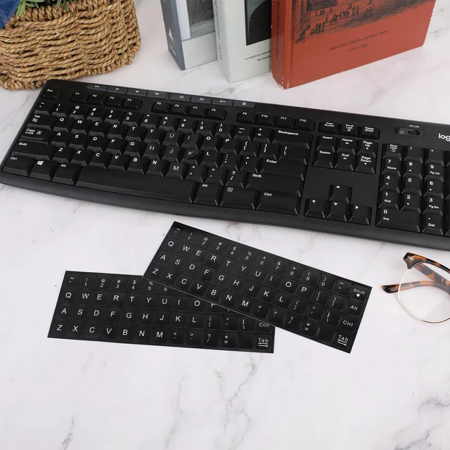 Alt view image 5 of 7 - English Keyboard Stickers, 4 Pcs Universal Laptop Keyboard Stickers | Keyboard Letter Replacement Stickers Matte Black Background and White Lettering Stickers for PC Computer Laptop Desktop
