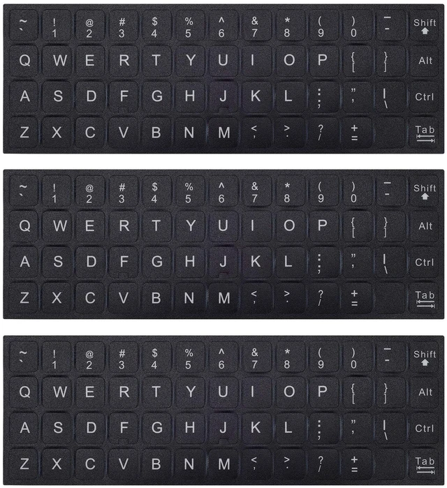 Main image of 3PCS Universal English Keyboard Letter Stickers, Replacement English Keyboard Stickers with Black Background and White Lettering for PC Computer Laptop Desktop-English