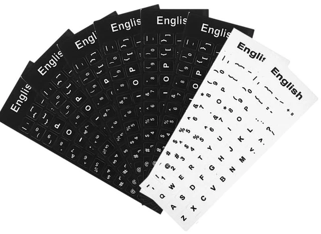 Main image of 8-Pack English Keyboard Stickers English Letter Overlay Set for Standard Keyboards, 6 Black + 2 White Transparent Sticker Sheets for Laptop & Desktop