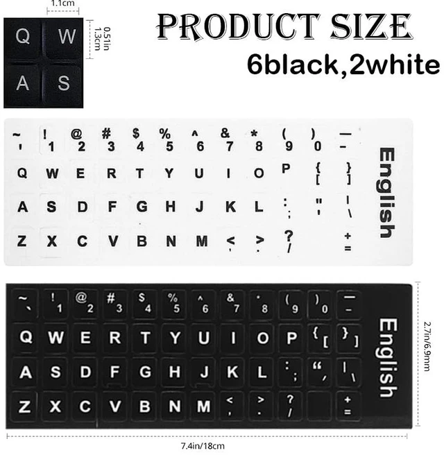 Alt view image 2 of 6 - 8-Pack English Keyboard Stickers English Letter Overlay Set for Standard Keyboards, 6 Black + 2 White Transparent Sticker Sheets for Laptop & Desktop