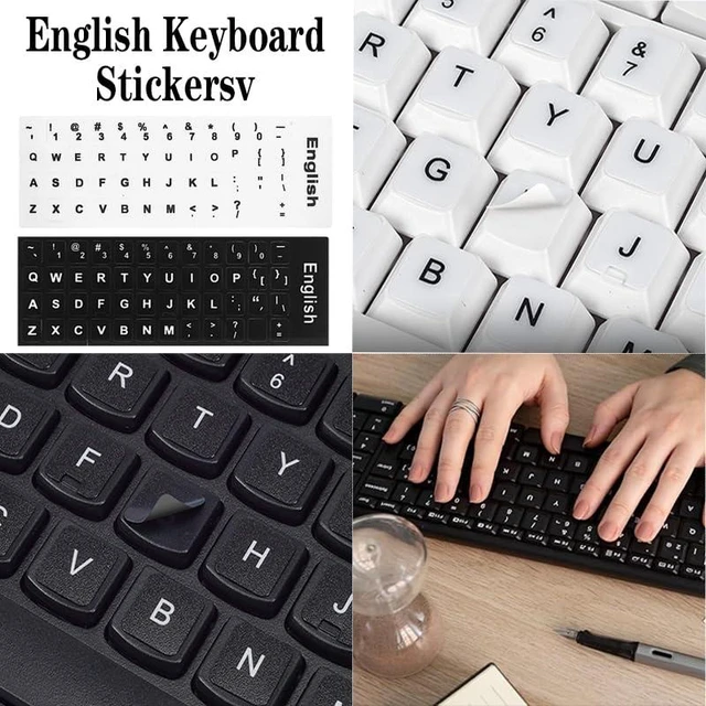 Alt view image 3 of 6 - 8-Pack English Keyboard Stickers English Letter Overlay Set for Standard Keyboards, 6 Black + 2 White Transparent Sticker Sheets for Laptop & Desktop