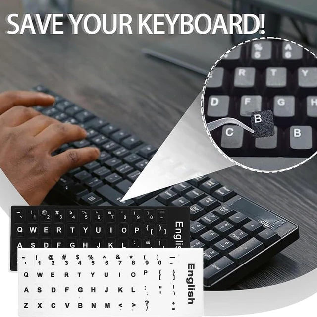 Alt view image 5 of 6 - 8-Pack English Keyboard Stickers English Letter Overlay Set for Standard Keyboards, 6 Black + 2 White Transparent Sticker Sheets for Laptop & Desktop