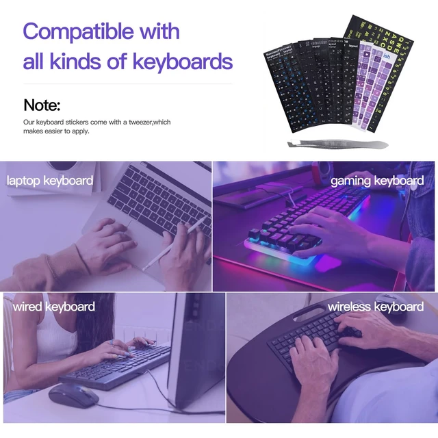 Alt view image 6 of 6 - 2PCS English Keyboard Stickers for Computer Laptop Notebook Desktop | Universal Keyboard Sticker Purple Background with White Lettering, Keyboard Letters Replacement Stickers with Tweezer