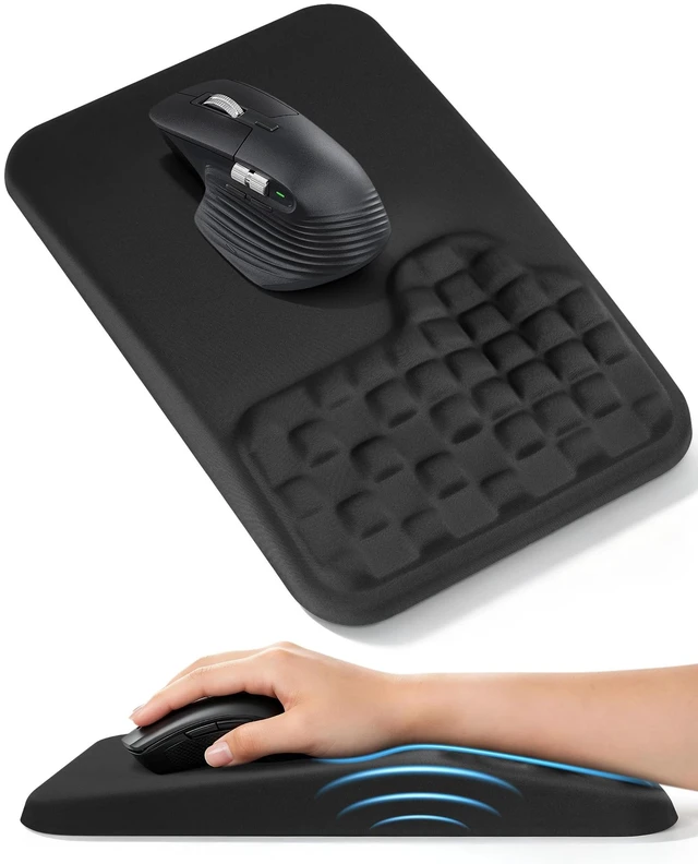 Main image of Ergonomic Mouse Pad with Sloped Textured Wrist Support, Black | Premium Memory Foam Cushion, Smooth Lycra Surface, Non-Slip PU Base, Minimalist Mousepad for Office, Home, Laptop, Computer