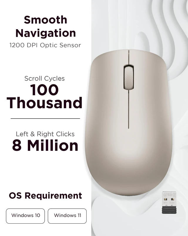 Alt view image 3 of 7 - 530 Wireless Mouse with Battery, 2.4GHz Nano USB, 1200 DPI Optical Sensor, Ergonomic for Left or Right Hand, Lightweight, GY50Z18988, Almond