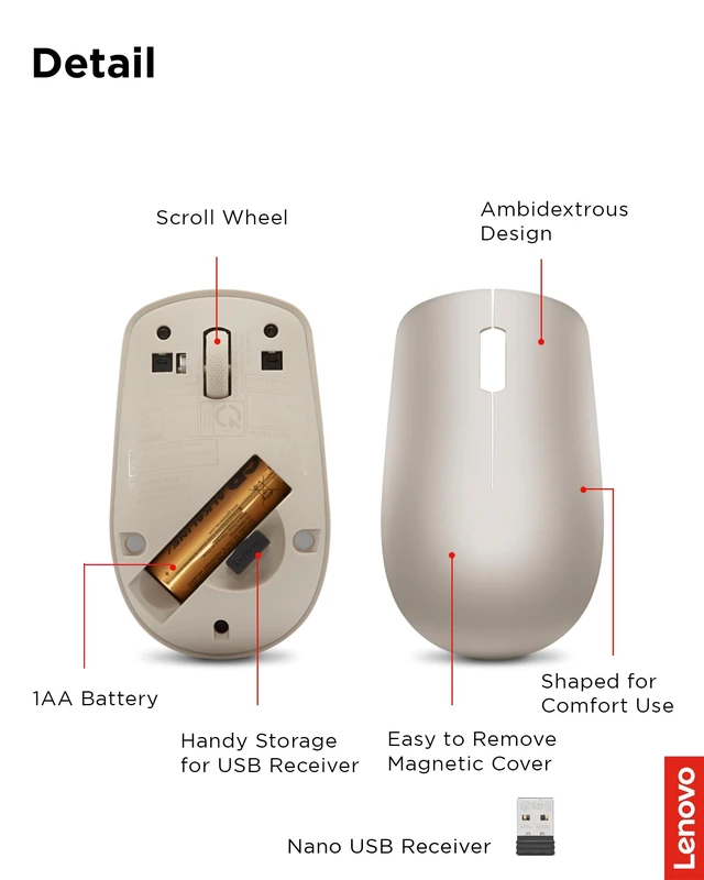 Alt view image 6 of 7 - 530 Wireless Mouse with Battery, 2.4GHz Nano USB, 1200 DPI Optical Sensor, Ergonomic for Left or Right Hand, Lightweight, GY50Z18988, Almond