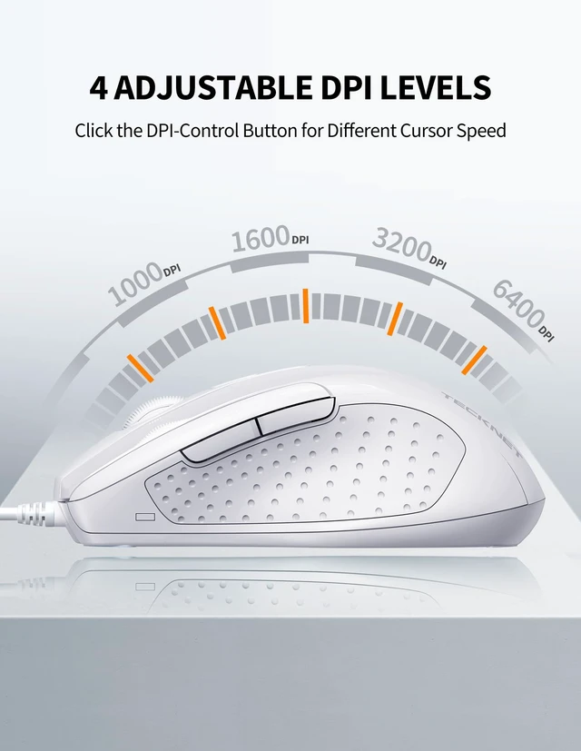 Alt view image 2 of 6 - USB Wired Mouse, 6-Button Corded Mouse with 4 Adjustable DPI, Optical Computer Mouse with Ergonomic Design and 5FT Cord for Laptop, Chromebook, PC, Desktop, Mac, Notebook-LT.White