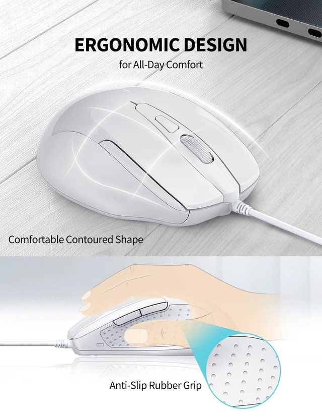 Alt view image 3 of 6 - USB Wired Mouse, 6-Button Corded Mouse with 4 Adjustable DPI, Optical Computer Mouse with Ergonomic Design and 5FT Cord for Laptop, Chromebook, PC, Desktop, Mac, Notebook-LT.White