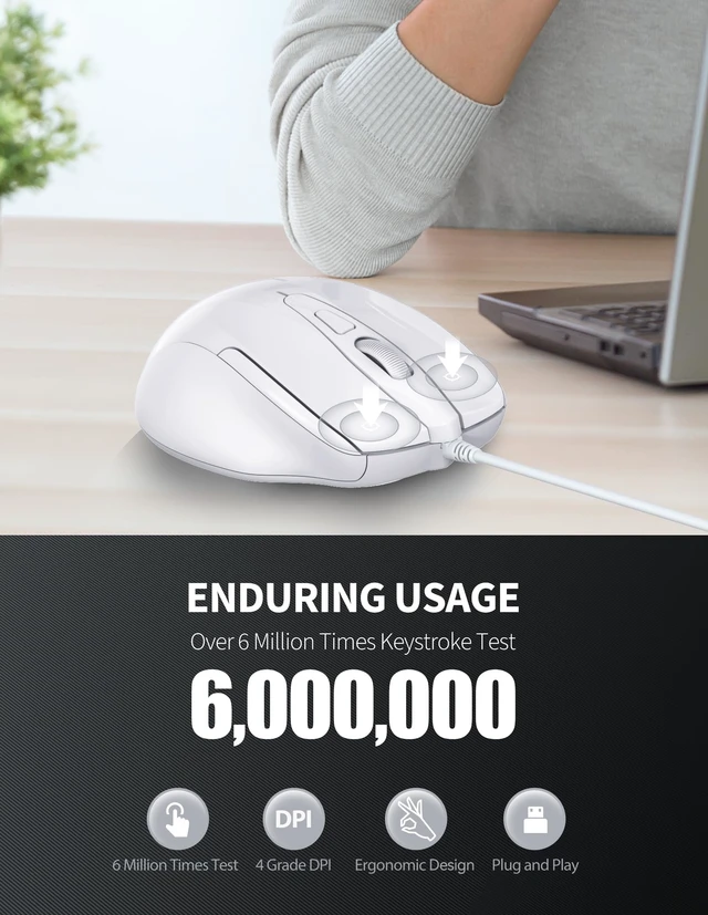 Alt view image 4 of 6 - USB Wired Mouse, 6-Button Corded Mouse with 4 Adjustable DPI, Optical Computer Mouse with Ergonomic Design and 5FT Cord for Laptop, Chromebook, PC, Desktop, Mac, Notebook-LT.White