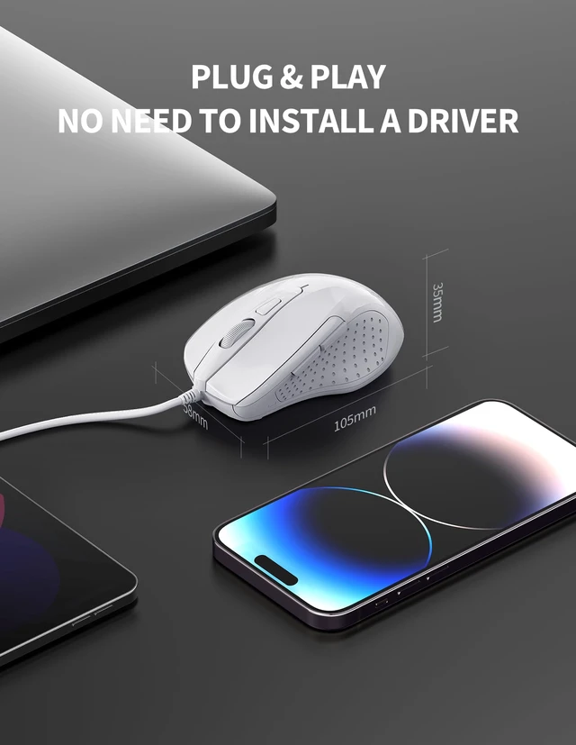 Alt view image 5 of 6 - USB Wired Mouse, 6-Button Corded Mouse with 4 Adjustable DPI, Optical Computer Mouse with Ergonomic Design and 5FT Cord for Laptop, Chromebook, PC, Desktop, Mac, Notebook-LT.White