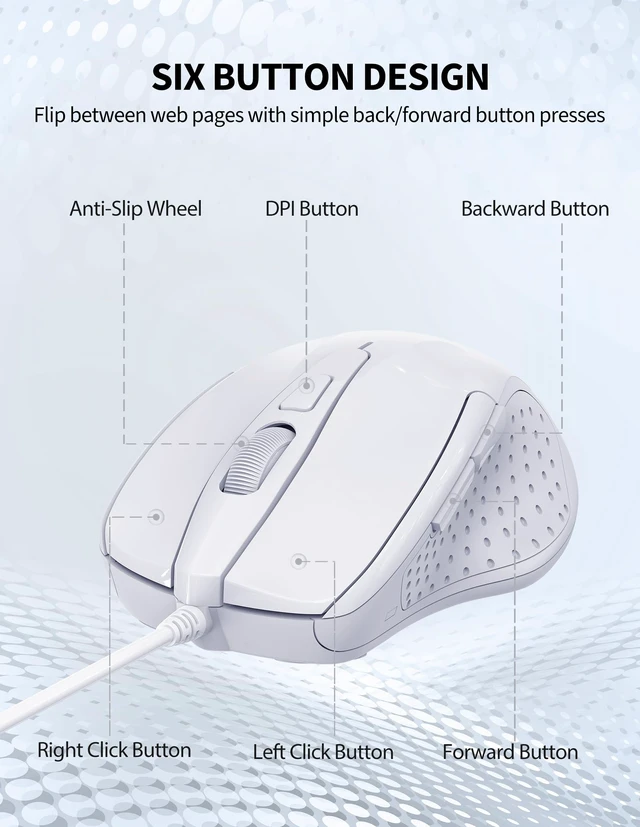 Alt view image 6 of 6 - USB Wired Mouse, 6-Button Corded Mouse with 4 Adjustable DPI, Optical Computer Mouse with Ergonomic Design and 5FT Cord for Laptop, Chromebook, PC, Desktop, Mac, Notebook-LT.White