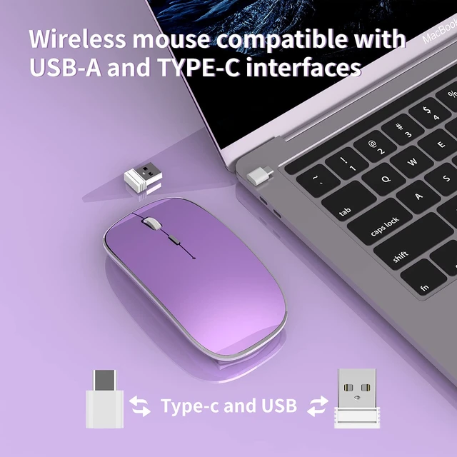 Alt view image 2 of 7 - Wireless Mouse, USB-C & USB-A Dual Receiver, Rechargeable (Purple) | Plug & Play Silent Click Slim Portable Mouse, 3 Adjustable DPI, Compatible with PC, Laptop & Mac, Ideal for Work & Travel