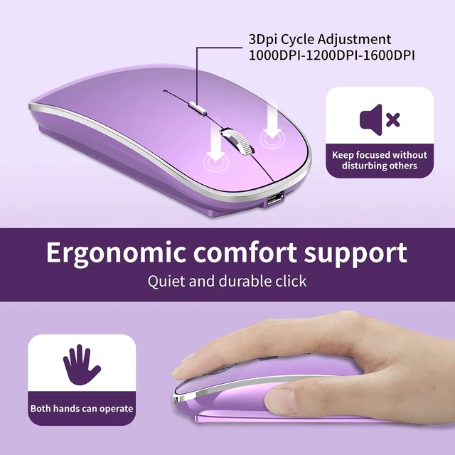 Alt view image 4 of 7 - Wireless Mouse, USB-C & USB-A Dual Receiver, Rechargeable (Purple) | Plug & Play Silent Click Slim Portable Mouse, 3 Adjustable DPI, Compatible with PC, Laptop & Mac, Ideal for Work & Travel