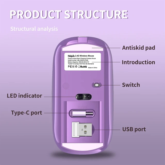 Alt view image 5 of 7 - Wireless Mouse, USB-C & USB-A Dual Receiver, Rechargeable (Purple) | Plug & Play Silent Click Slim Portable Mouse, 3 Adjustable DPI, Compatible with PC, Laptop & Mac, Ideal for Work & Travel