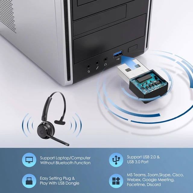 Alt view image 3 of 7 - Bluetooth Headset, Wireless Headset with AI Noise-Canceling Microphone On Ear Wireless Headset with USB Dongle for Office Work and Calls
