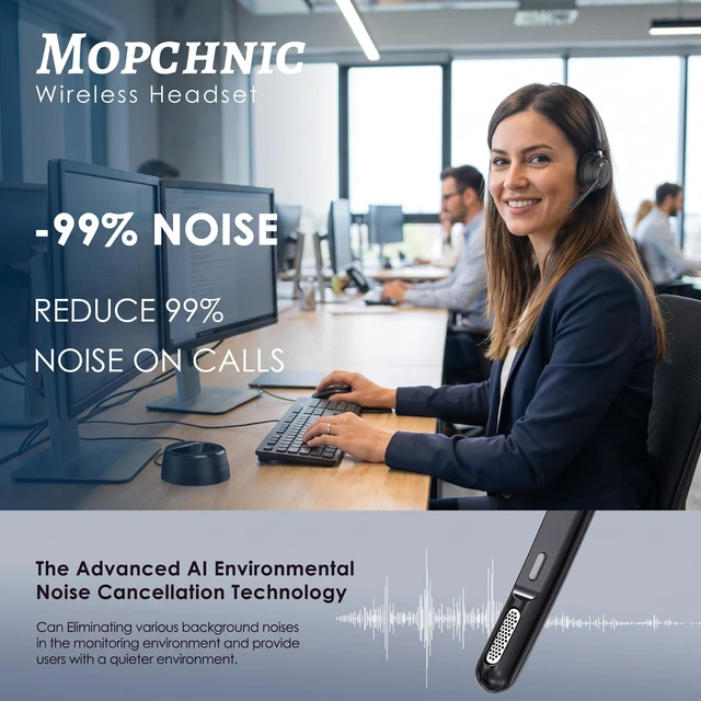 Alt view image 4 of 7 - Bluetooth Headset, Wireless Headset with AI Noise-Canceling Microphone On Ear Wireless Headset with USB Dongle for Office Work and Calls