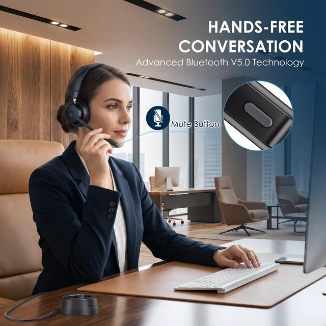 Alt view image 5 of 7 - Bluetooth Headset, Wireless Headset with AI Noise-Canceling Microphone On Ear Wireless Headset with USB Dongle for Office Work and Calls