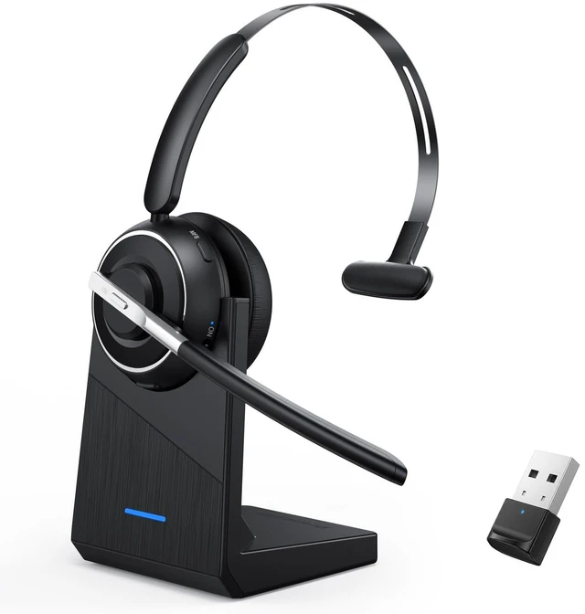 Main image of Bluetooth Headset, Wireless Headset with Microphone for PC, V5.2 Computer Headset with Noise Cancelling Mic, USB Dongle, Charging Base & Mute Button for Work, Cell Phones, Computer (Black)