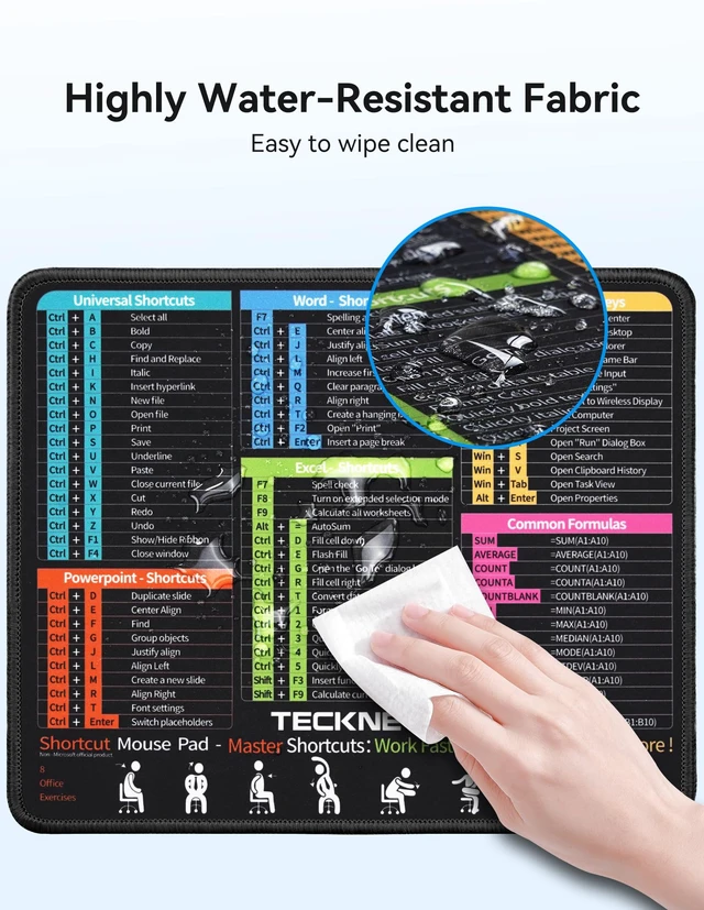Alt view image 3 of 7 - Mouse Pad for Excel Word PowerPoint Windows Shortcuts | Excel Cheat Sheet Desk Pad-11.6x9.8 Inch, Non-Slip Waterproof Office Desk Mat, Portable, Durable, Clear Printing, Black