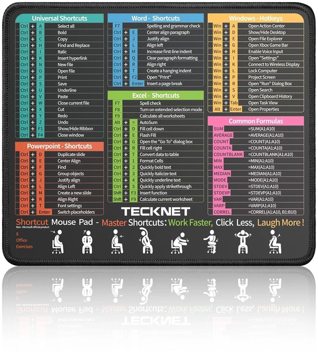 Main image of Mouse Pad for Excel Word PowerPoint Windows Shortcuts | Excel Cheat Sheet Desk Pad-11.6x9.8 Inch, Non-Slip Waterproof Office Desk Mat, Portable, Durable, Clear Printing, Black